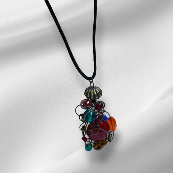 Metal Wire Wrap Multicolour Acrylic Beads Pendant Necklace Black Rope 18 inches - Picture 2 of 7